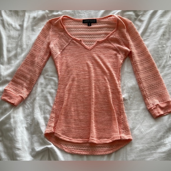 pink top sheer v-neck see-through blouse interesting 3/4 quarter length sleeve - Picture 4 of 9